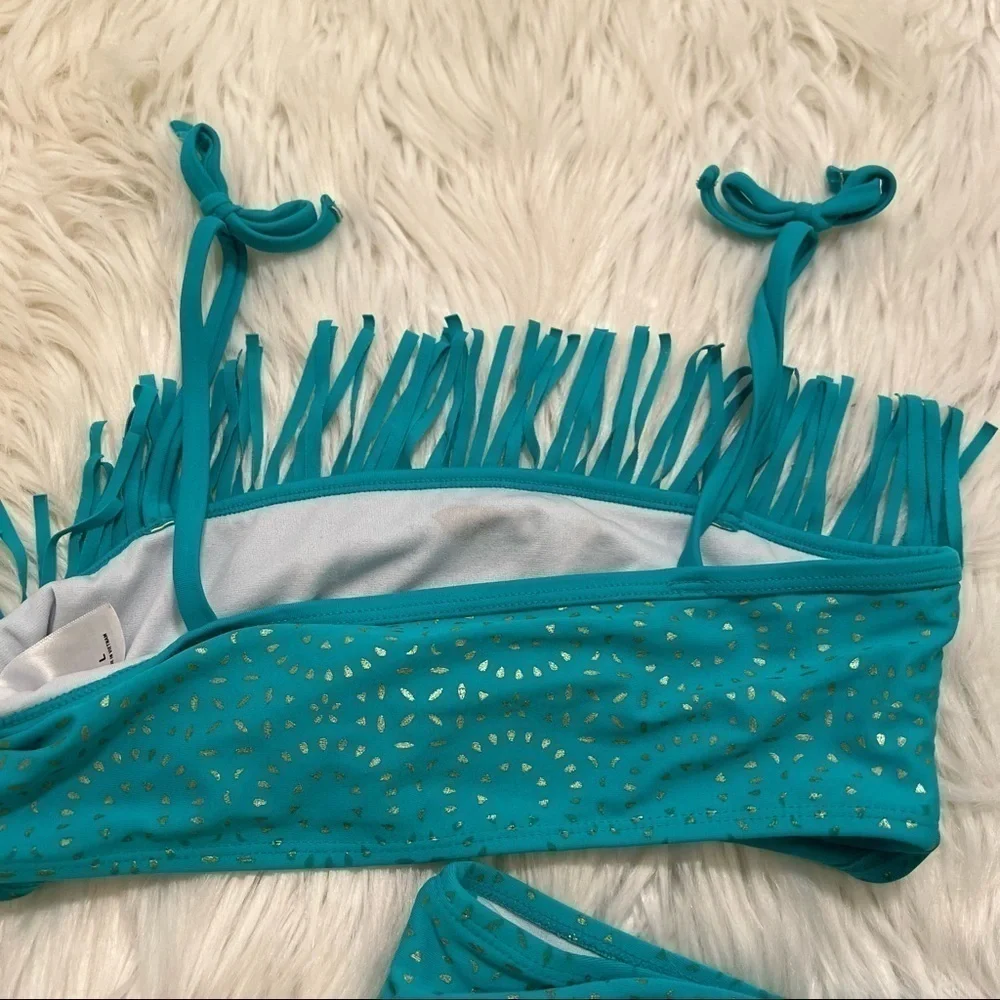 Cleobella Turquoise Girls Size Large Two Piece Swimsuit Turquoise Gold Dots